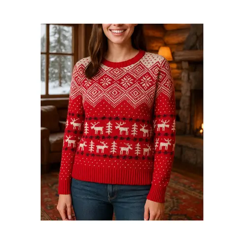 Prince & Fox Red Fair Isle Reindeer Christmas Sweater Medium
