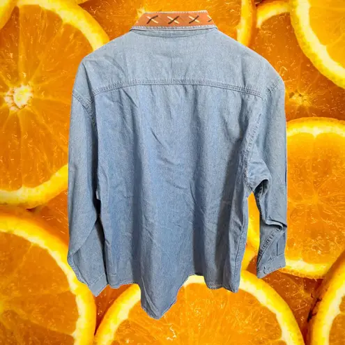 P.G.B. Western Denim Shirt Leather Fringe Lace Up Detail Large Blue