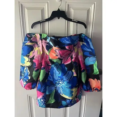 Klesis NEW Satin Floral Print Off Shoulder Cocktail Mini Dress Size Medium Blue