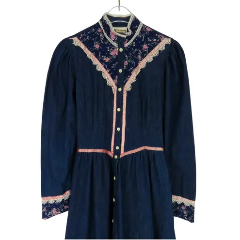 Gunne Sax 1970s Vintage Blue Denim Calico Floral Trim Maxi Dress Prairie Dress 3