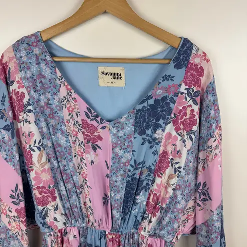 Savanna Jane Patchwork Dress Floral Print Dolman Sleeves Pastel Boho Sz 1X Girly Blue
