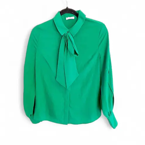 Riley & Rae Size S Emerald Green Bow Tie Neck Blouse Balloon Sleeve Top