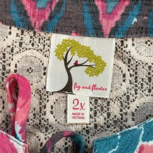 Anthropologie Fig & Flower Peasant Blouse w/Lace Back Womens 2X Boho Mixed Print Pink