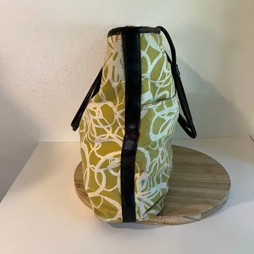 Large Yellow Retro Floral Beach Summer Brown Vegan Leather Trim Tote Bag