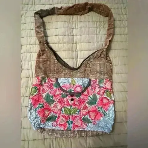 Boho Embroidered Shoulder Bag Floral Hippie Purse Broken Zipper Earthy Tones y2k Pink - Image 1