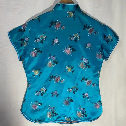 Vintage 80's Embroidered Teal Floral Top Feminine Chic Romantic, 38, W/Flaws Blue