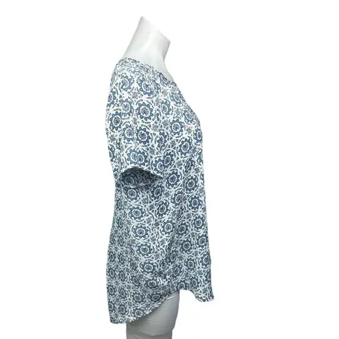 Premise  White Blue Paisley Floral Print Crew neck Short Sleeve Blouse Top Size L