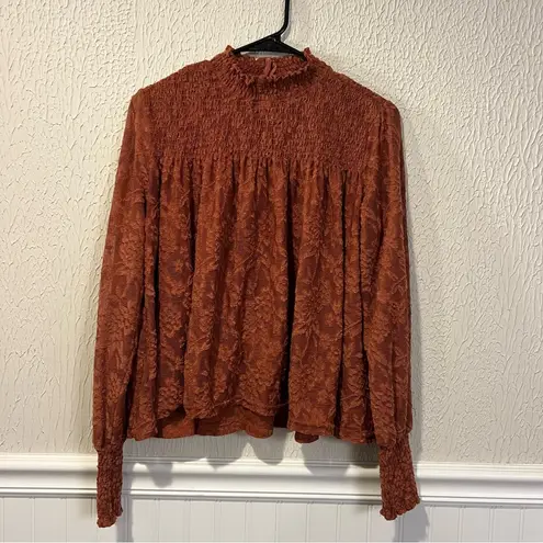 Deletta Anthropologie Rust Amana Burnout Sheer Smocked Mock Neck Top size small