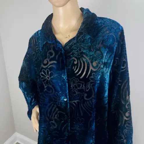 Beverly Drive Top Womens 18W Turquoise Velvet Burnout Floral Artsy Art to Wear Blue
