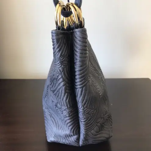 Vintage Navy Tooled Leather Floral Shoulder Crossbody Purse Blue