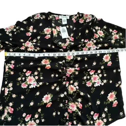 Planet Gold Black Pink Floral V-Neck Bell Sleeve Top Blouse Top Size 1X NEW