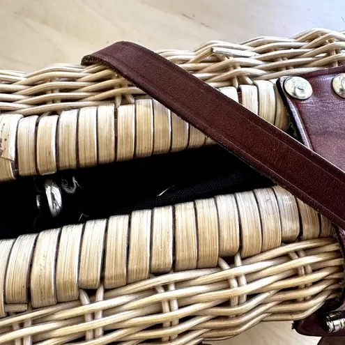 VTG Rattan Basket Square Handbag 80s Sturdy Eco Friendly Leather Strap Cream Brown