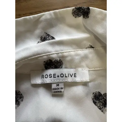 Rose + Olive Women Blouse Button Up Ivory Black Hearts Pleated V-Neck Flowing