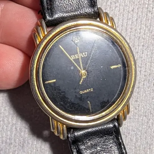 Vtg 1990s Beau Black Leather Band Gold Tone Trimmed Face Quartz Fashion Watch