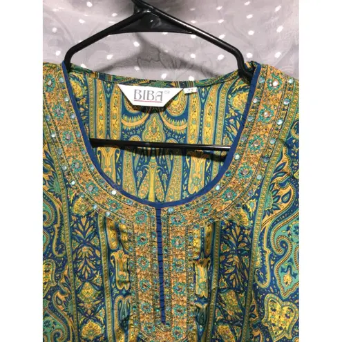 BIBA Women's Tunic Top Paisley Print Embellished Blue Green Yellow siize 38 Blue Size 12