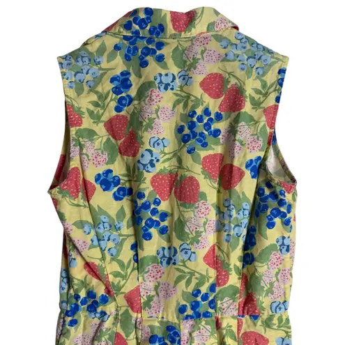 Rachel Antonoff Kitty Strawberry Fruit Print Sleeveless Collared Linen Romper 0 Yellow