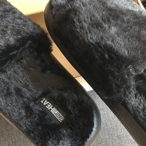 32 Degrees Heat Plush Faux Fur Cushion Slide Slipper, Black, NEW, Size L