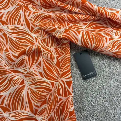 Eloquii Plus Size 28 Orange White Leaf Print Tie Neck Button Up Blouse Career