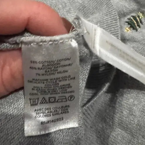 Loft  Christmas Tree Sweater Embroidered Gray Long Sleeve Crewneck Holiday