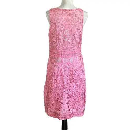 Sue Wong Cocktail Dress Sz 12 Lace Pink Floral Geometric Glam Shimmering FLAW