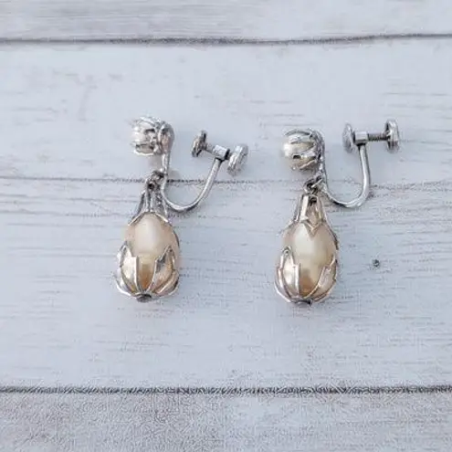 Vintage Screw On Earrings Stylish Faux Pearl Dangle