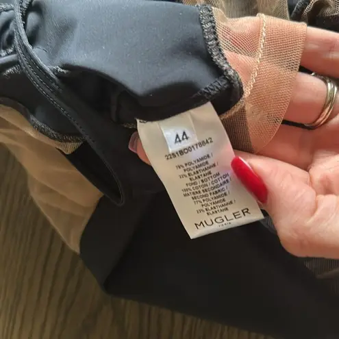 MUGLER Panelled Long Sleeve Illusion Mesh Cut Out Bodysuit Top, Size 44. $975 Black