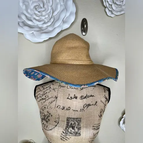 NTM: David & Young Floppy Straw Hat with Blue Floral Print Sz OS Tan