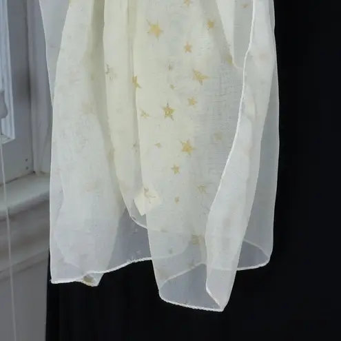 White Chiffon Sheer Scarf With Gold Sparkly Stars Boho Angel Glitter