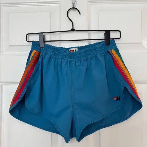 Aviator Nation Women's Large 5 Stripe Flex Board Shorts Parrot Rainbow Blue Swim