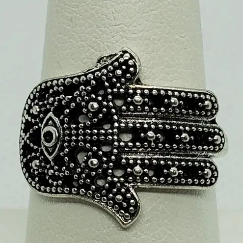 Silver Tone Hamsa Evil Eye Ring Size 8
