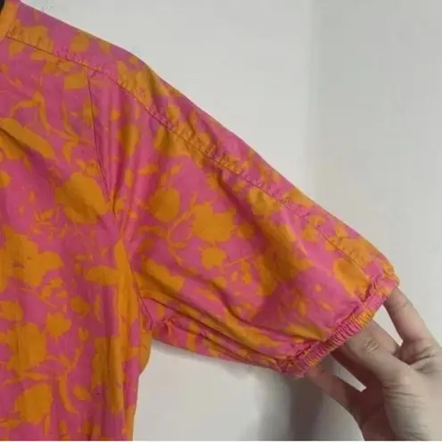 Free Assembly Pink and Orange Floral Shirred Short Sleeve Dress Pockets