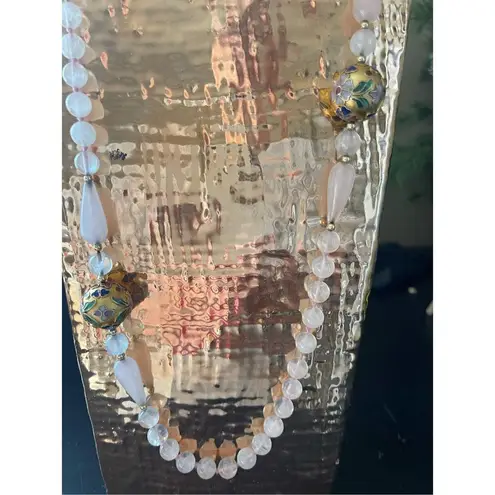 Vintage Cloisonne Enamel Rose Quartz Necklace hand knotted 32 inches Pink