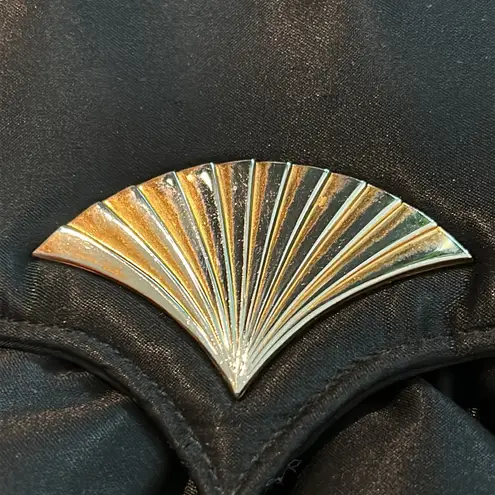 80s Black Satin Shoulder Purse Gold Fan Decoration by Gallery Originals