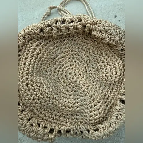 The Sak Brown Golden Crocheted Woven Tasseled Bucket Bag Medium Sized