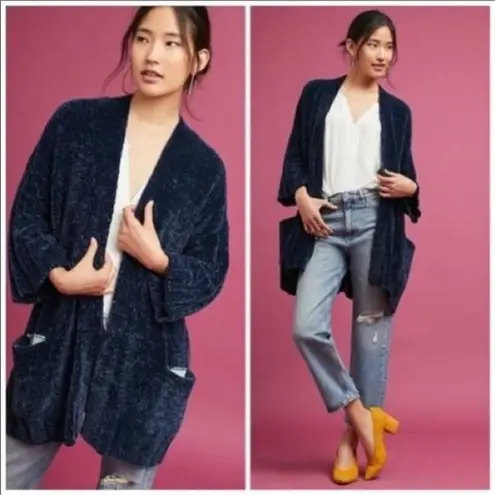 Anthropologie  Moth Lily Dark Blue Chenille Thick Knit Cardigan Sweater M