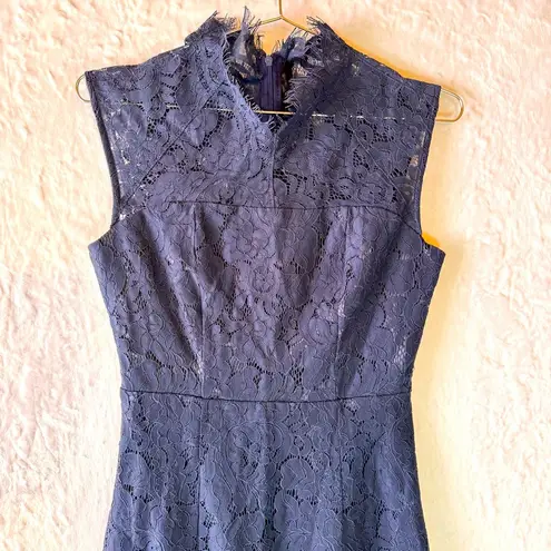 Liza Lux Navy Blue Lace Eyelash Fringe Scalloped Hem Sleeveless Party Dress Midi