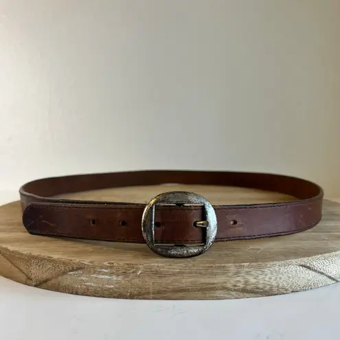 1995 Brown Distressed Genuine Leather Silver Solid Brass Buckle Belt Size Large