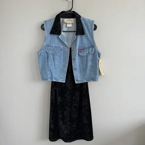 NWT Vintage 90s Tickets Clothing Western 2 Piece Crushed Velvet Dress Denim Vest Black