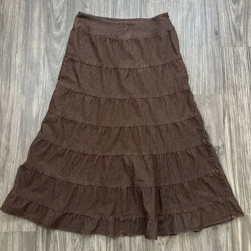 Live a Little Vintage 90s Tiered Brown Denim Full Long Maxi Skirt Size 10 Y2K