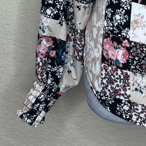 Cure. Petites Women's Floral Colorblock Lace Illusion Tie Neck Blouse Top PM Black Size undefined