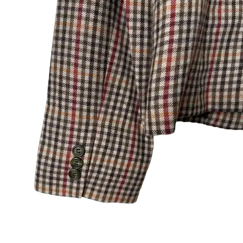 Vintage 100% Wool Tweed Fitted Blazer Jacket in Brown Tan Houndstooth Plaid, 8
