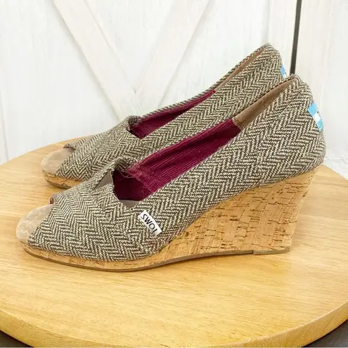 Toms Wedge Heels Herringbone Tweed Peep Toe Cork Brown Tan Size 8