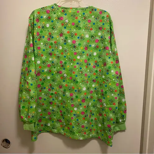 HQ Scrubs Womens Snap Front Scrub Top XL Bust 50” Green Floral Print Pink Yellow