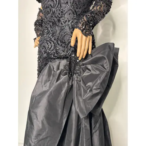 Vintage Demetrios Black Beaded Evening Gown with Dramatic Bow gloves M