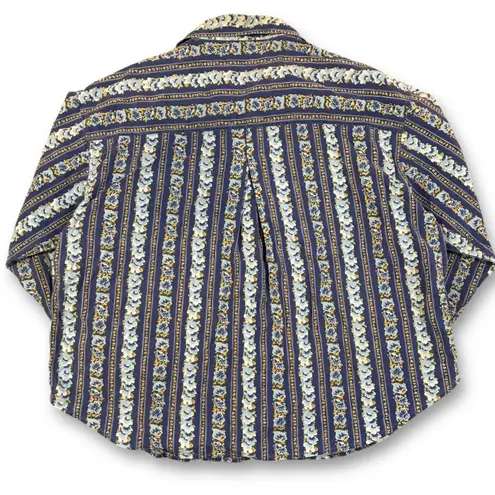 VTG Forelli Women's Blue Floral Stripe Button Up Long Sleeve Shirt Size 26/28