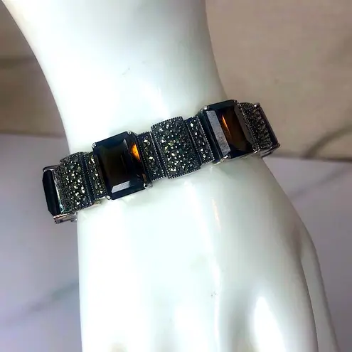JUDITH JACK Sterling Silver Marcasite & Emerald Cut Smoky Topaz Bracelet