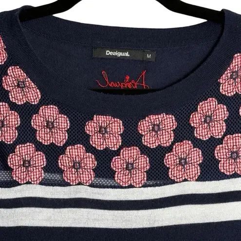 Desigual Womens Navy Long Sleeve Sweater Top Floral Striped Size M Boho Chic