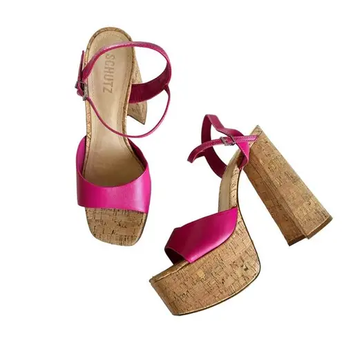 Schutz Glayce Barbie Hot Pink Leather Retro Style Platform Sandals Size 8.5