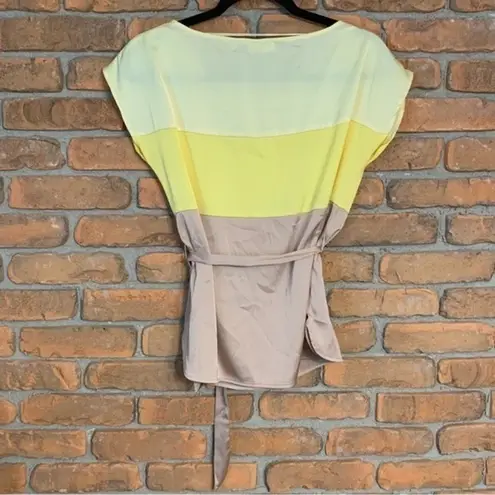 New York & Company Satin Colorblock Striped Short Sleeve Blouse Yellow Tan