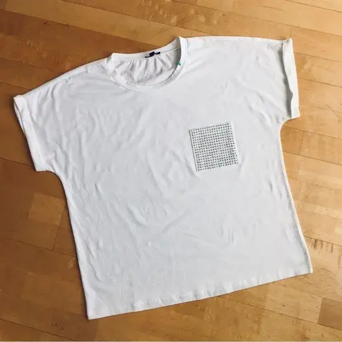 On Twelfth Short Sleeve, Rhinestone Bling Pocket Tee, White, Colorful, Size XL